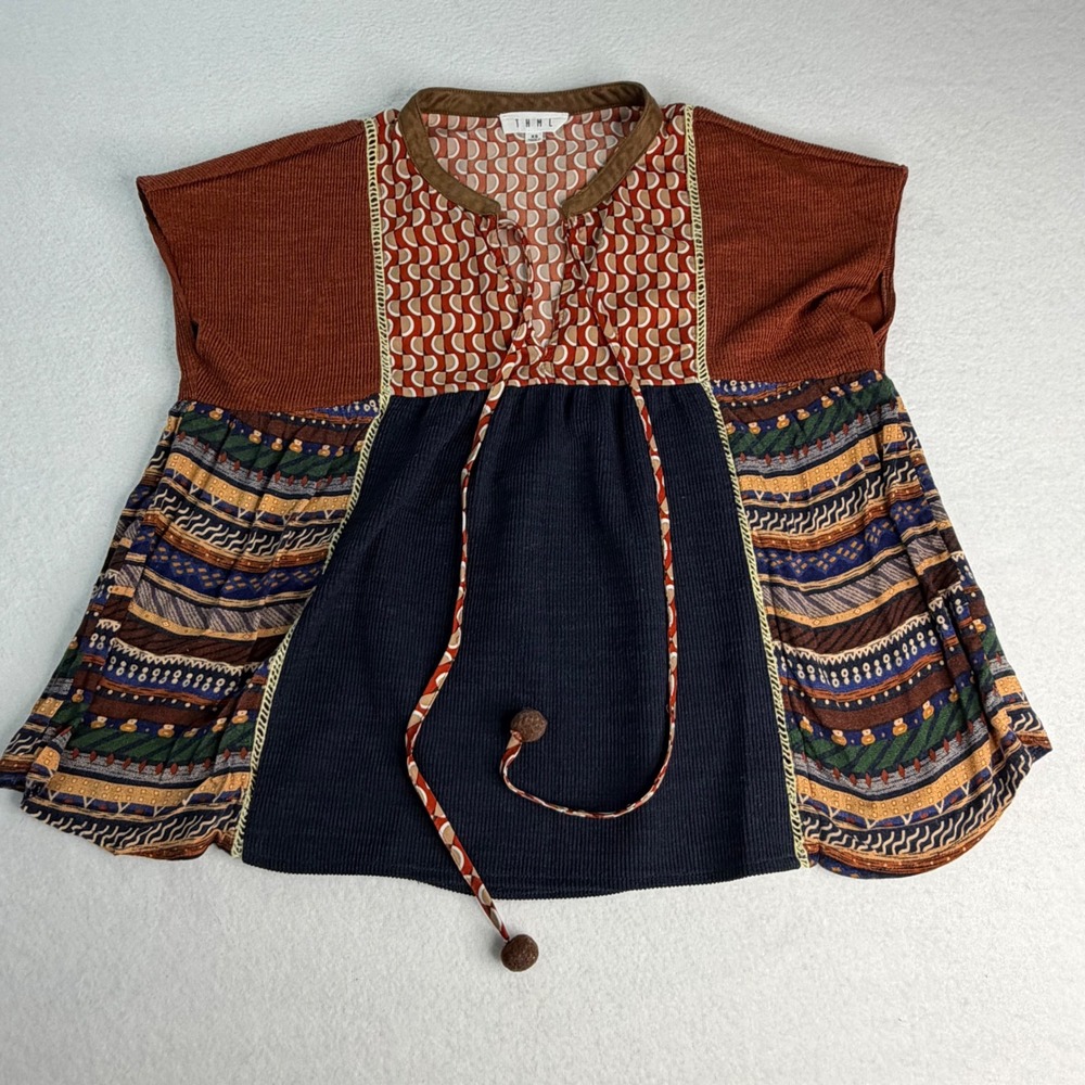 THML Womens XS Mixed Media Boho Patchwork Tassel Tie Ribbed Knit Top Rust Navy